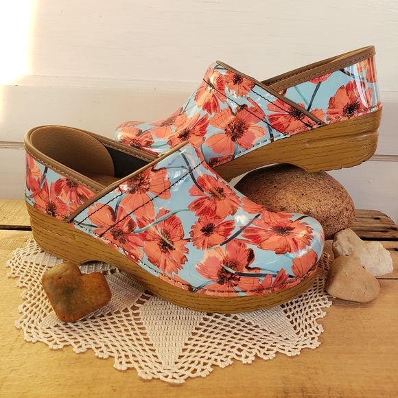 Dansko Shoes - NEW*Poppies Dansko Pro Honey Clog Floral Blue Orange Patent Leather Cottage Boho